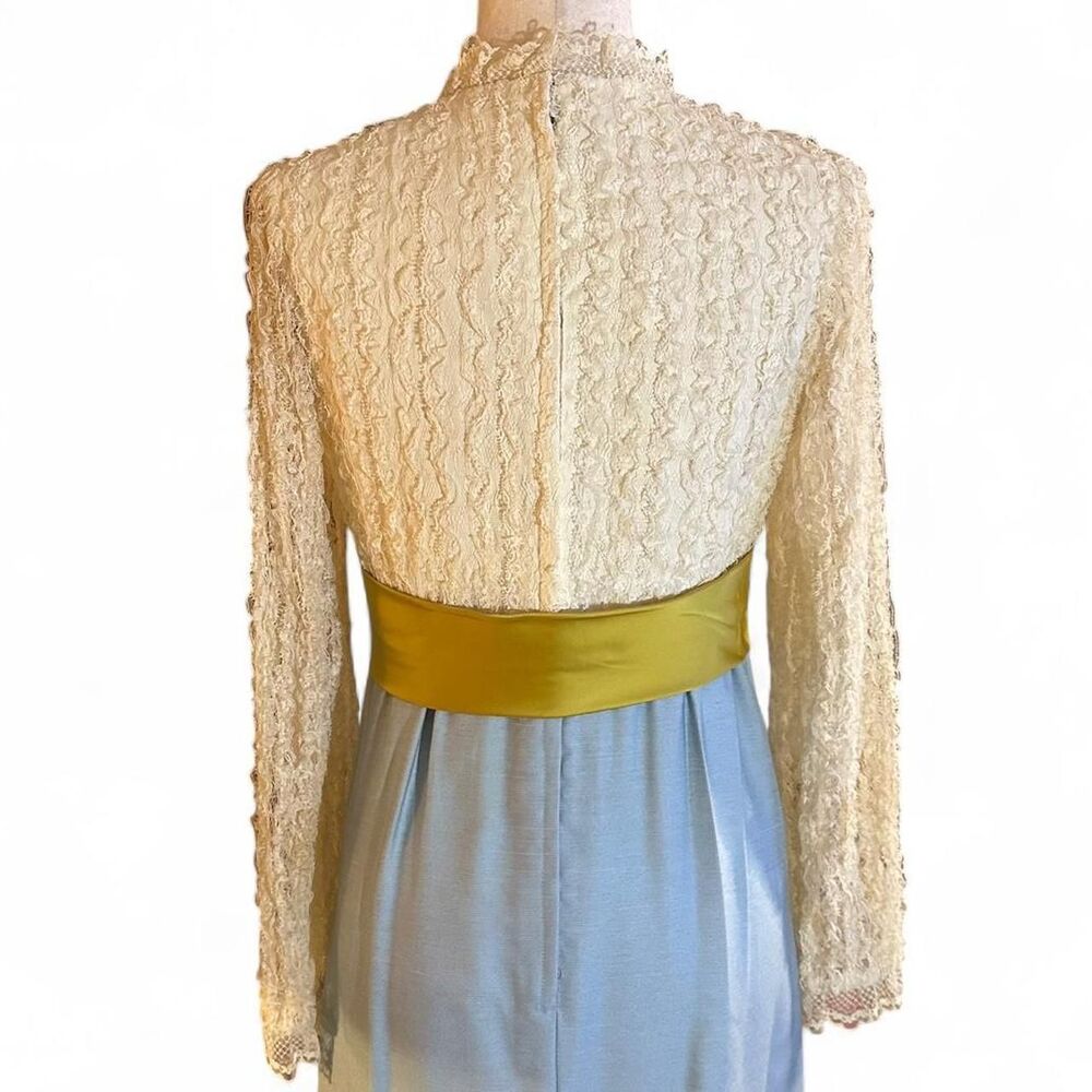60s Lace Blue, Chartreuse w/ Creme Empire Waist w/Satin Bow Belted Prairie Dress - Picture 4 of 7